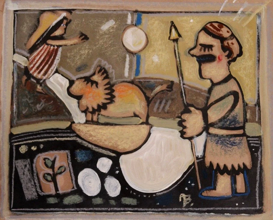 Colorful painting of a person in a striped outfit, a lion, and a warrior holding a spear in a stylized scene.