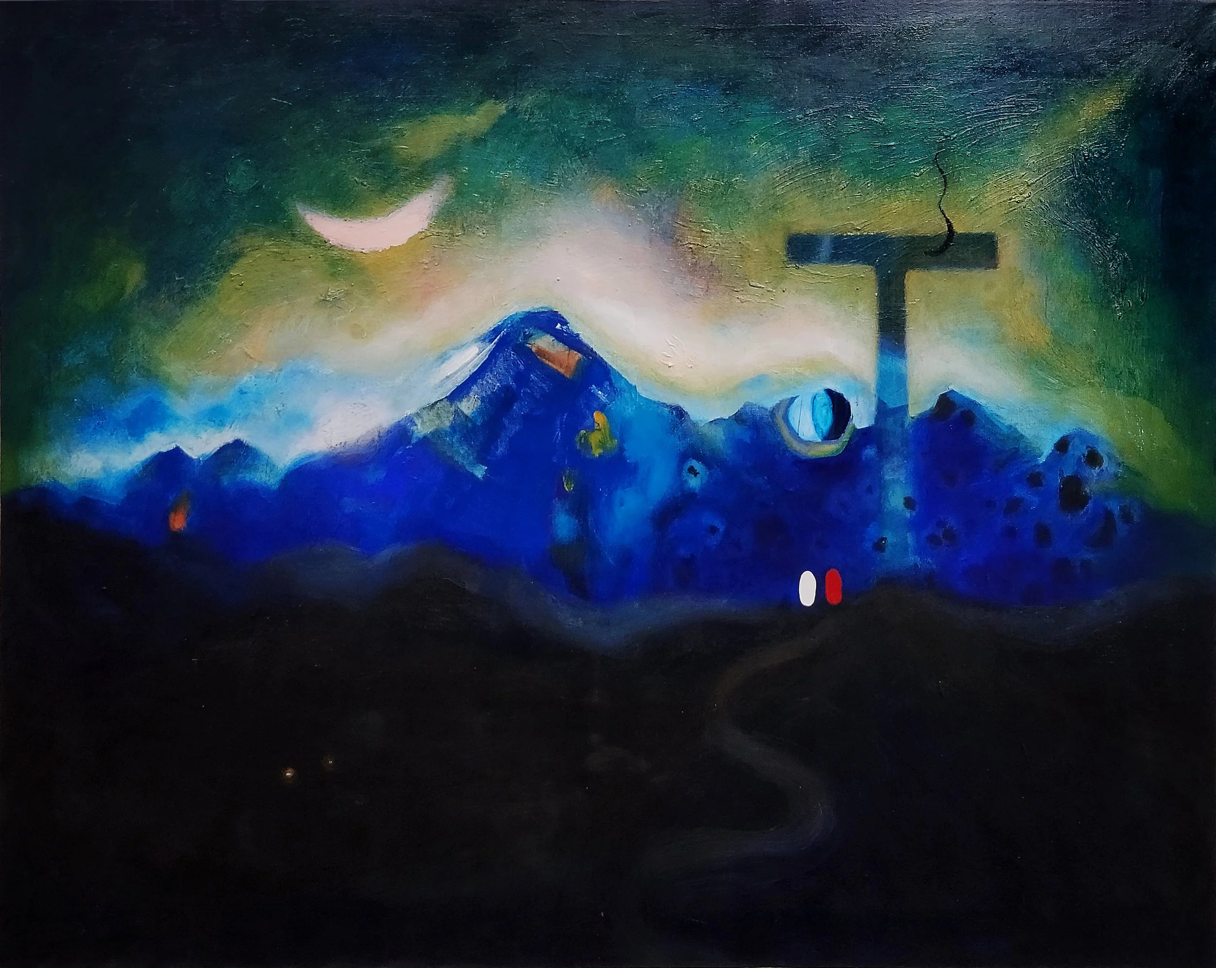 Anton Balanchivadze blue mountain landscape with crescent moon and symbolic T-shape