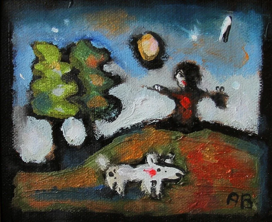 An abstract painting depicts a woman with black hair, wearing a red top, pointing into the distance under a moonlit sky. In front of her, there is a white dog with black spots and a red mark. There are also a green tree and a hill on which they stand
