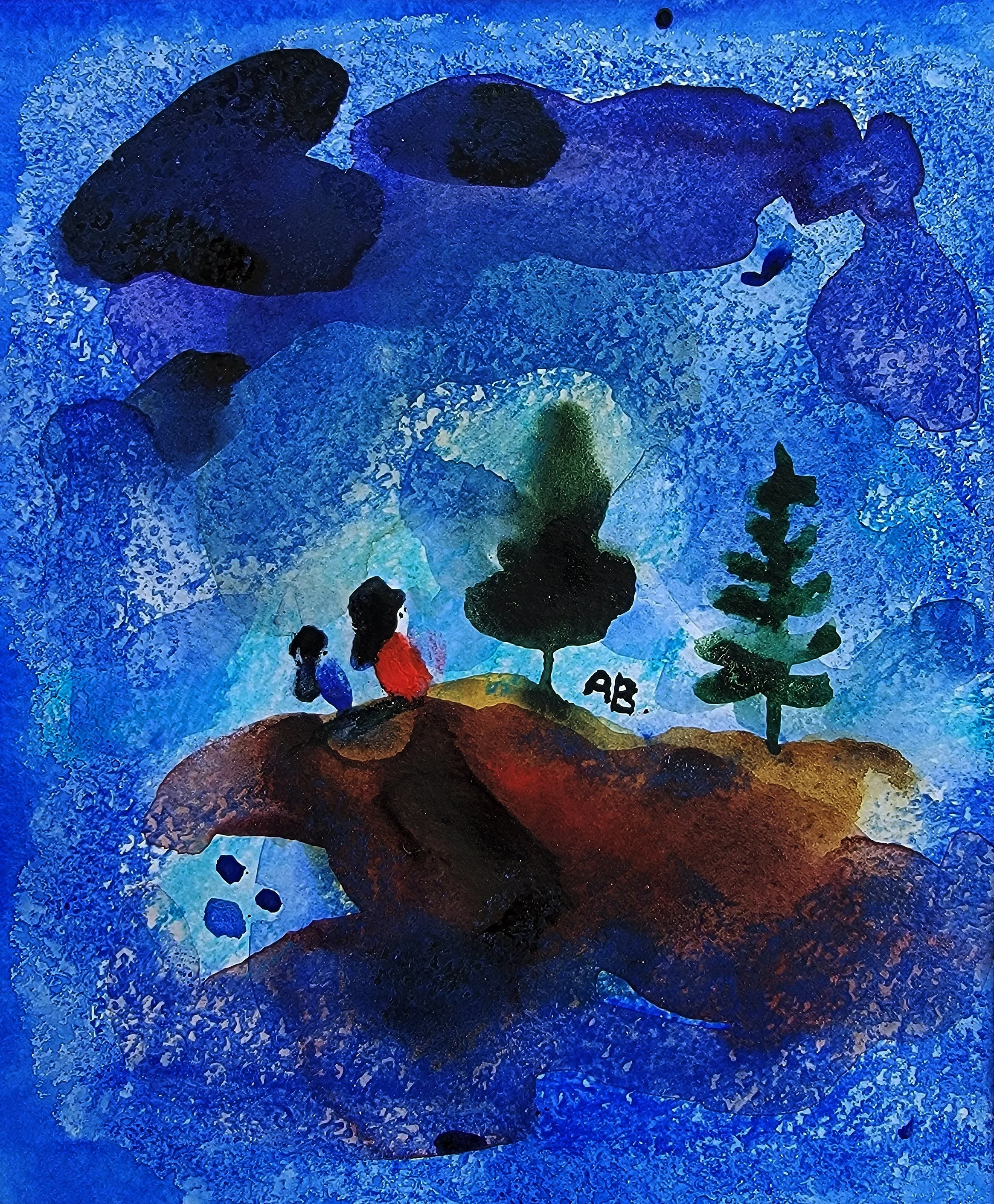 A watercolor painting of a landscape with three trees, two small figures sitting on a rock, and a cloudy sky in shades of blue.