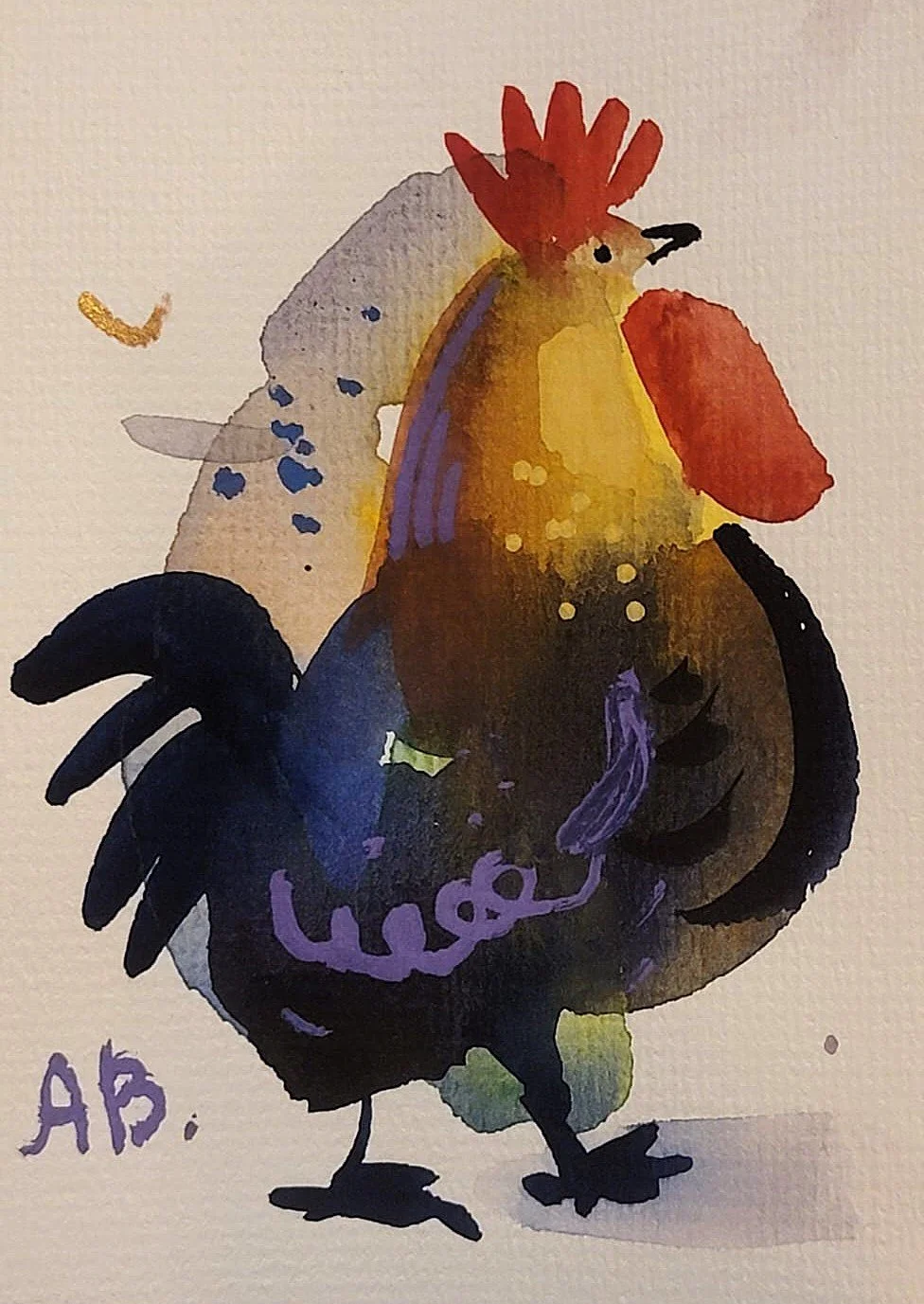 Watercolor painting of a rooster with bright red, yellow, black, purple, and white feathers, standing on a white background, with the initials 'AB' written in purple.