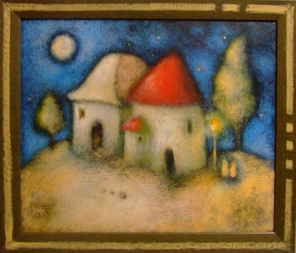 A painting of a night scene with two whimsical houses, trees, a bright moon, and stars in the sky.