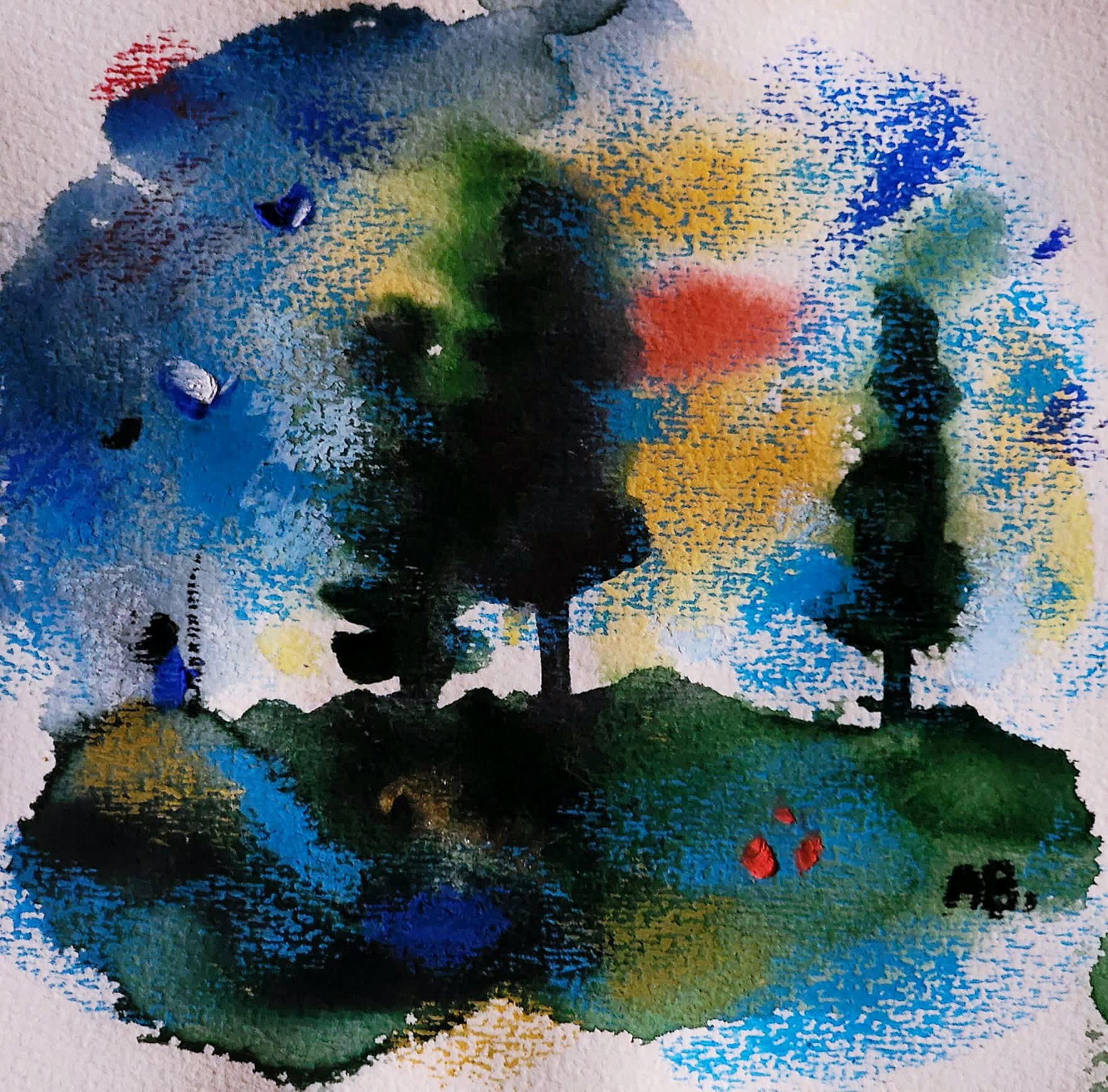 Abstract watercolor painting of trees and landscape with vibrant colors including blue, green, yellow, red, and black, in a loose, impressionistic style.
