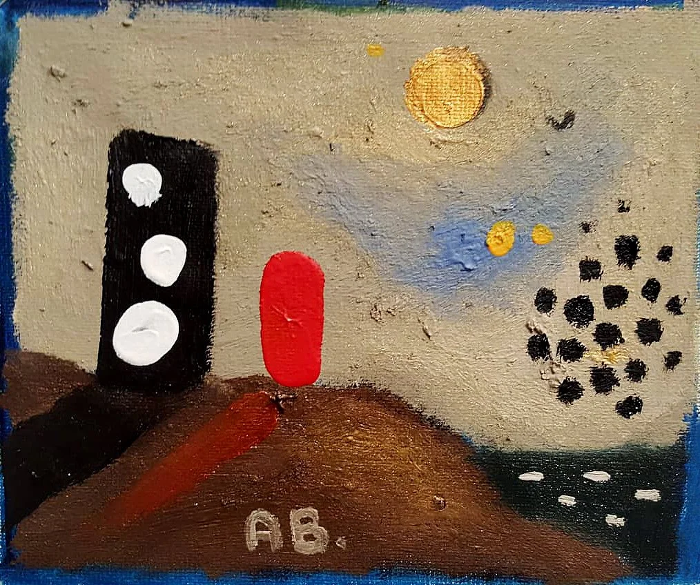 A colorful painting depicts a landscape with a large beige sky featuring a yellow sun and small black and yellow shapes resembling stars or planets. A black vertical shape with white circles, a red vertical shape, and brown and green ground are in th