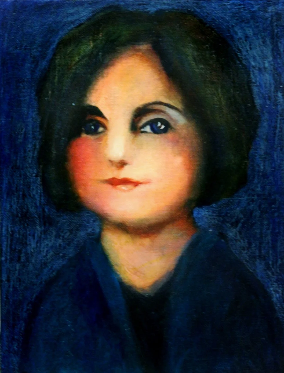 A painted portrait of a woman with short dark hair, blue eyes, and a slight smile, set against a dark blue background.