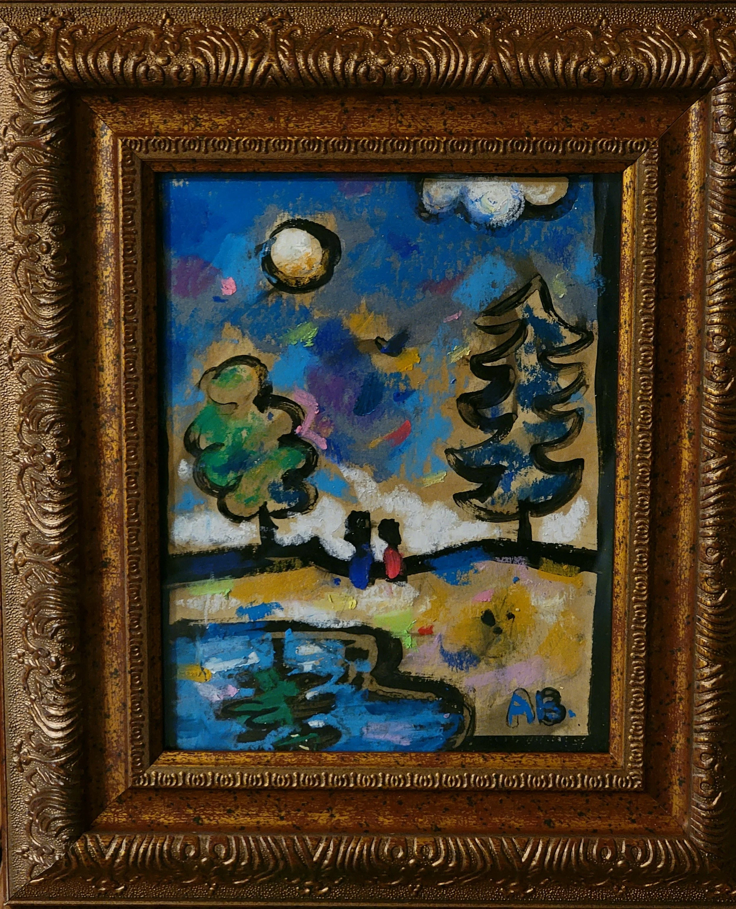 A colorful painting of two trees, two people sitting by a small pond, and a starry sky with clouds, framed with an ornate gold border.