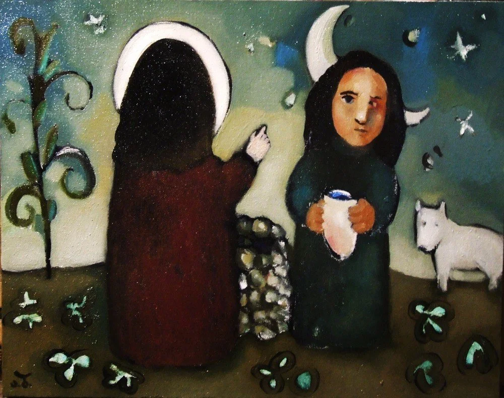 Painting of two women with expressive faces, one pointing upward and the other holding a book or jar, surrounded by a white horse, moon, stars, and butterflies in a surreal outdoor scene.