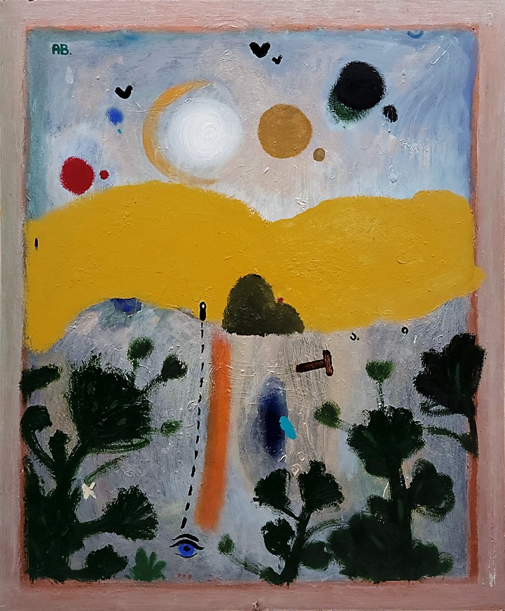 Abstract painting of a contemporary artist Anton Balanchivadze  featuring a landscape with dark trees in foreground, a yellow field, and a sky with a crescent moon, stars, and colorful planets or celestial bodies. "Knight in the panther's skin" theme