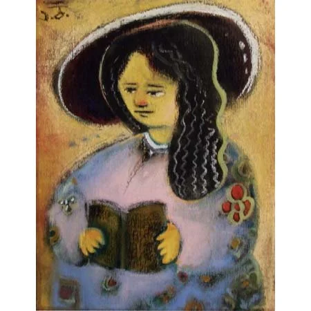 Painting of a girl with long curly hair wearing a large hat, holding a book, with a somber expression.
