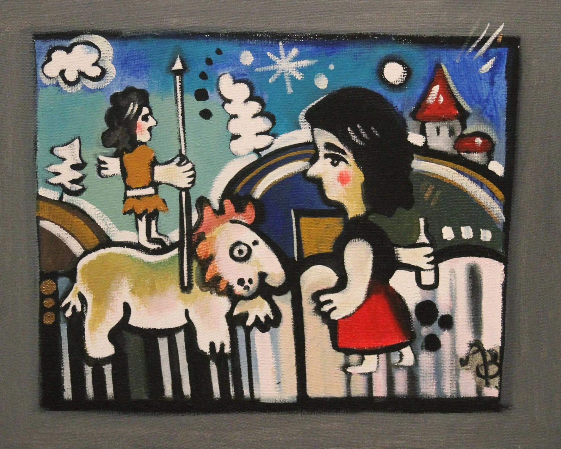 A colorful cartoon-style painting showing a woman with dark hair and a red skirt sitting at a bar with a drink, a young girl in medieval clothing holding a spear standing on a lion, and a castle with red roofs in the background. The sky is blue with 