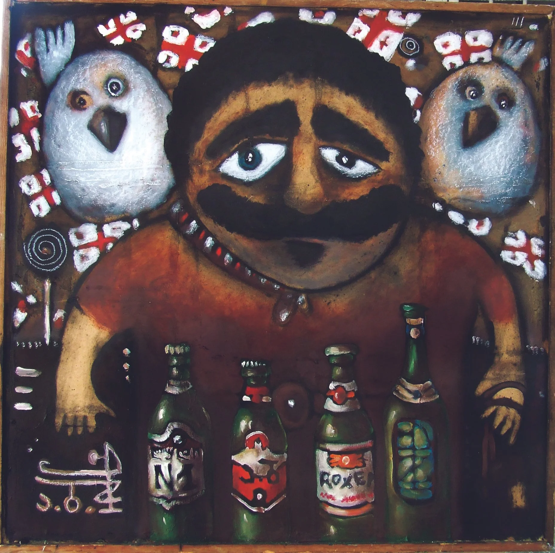Painting of a large man with dark hair, prominent eyebrows, and a mustache, sitting at a table with four bottles of alcohol, surrounded by abstract patterns and two floating heads with bird-like features on each side.