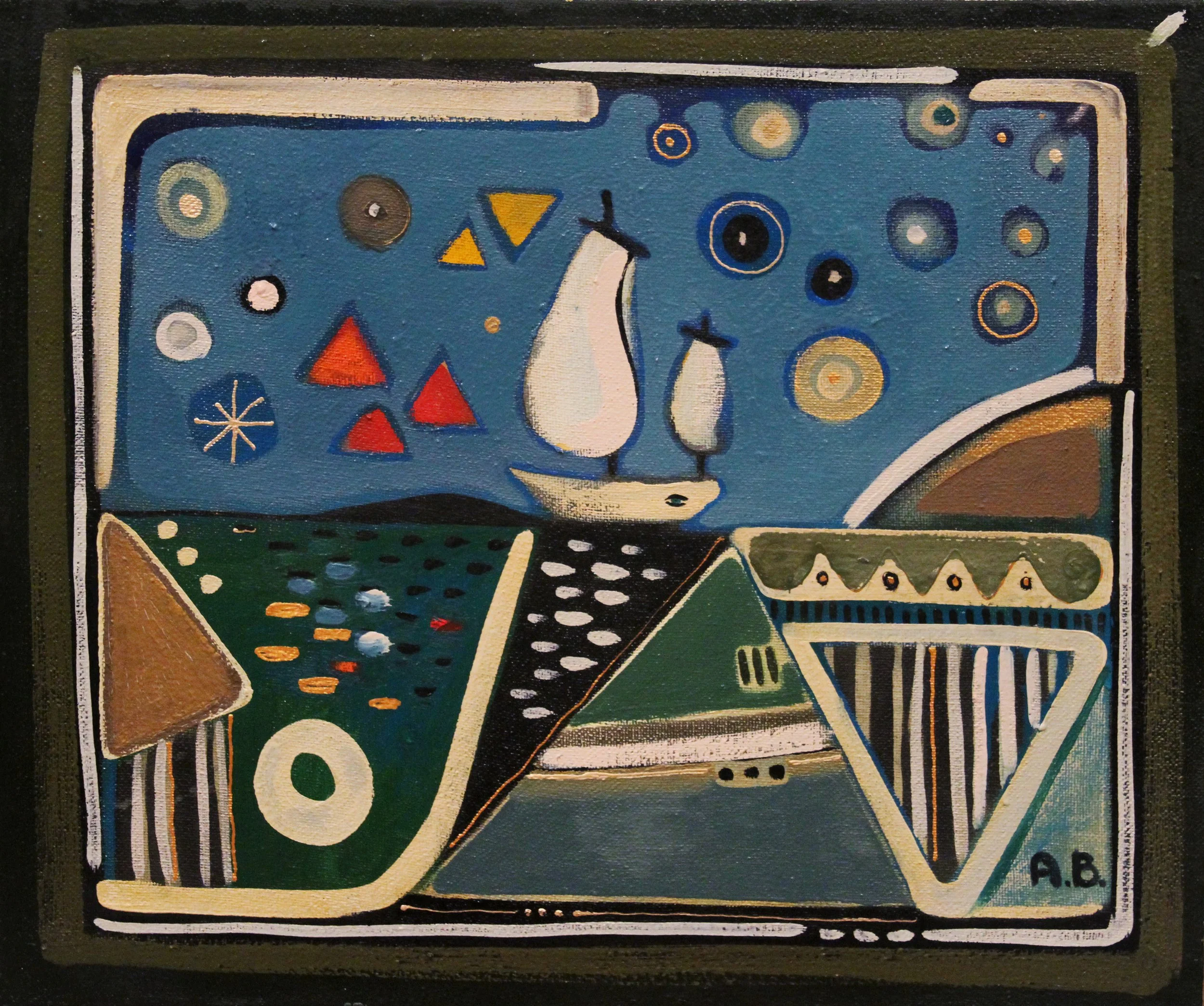 A colorful abstract painting of a sailboat in a sea with geometric shapes and celestial objects in a night sky with stars.