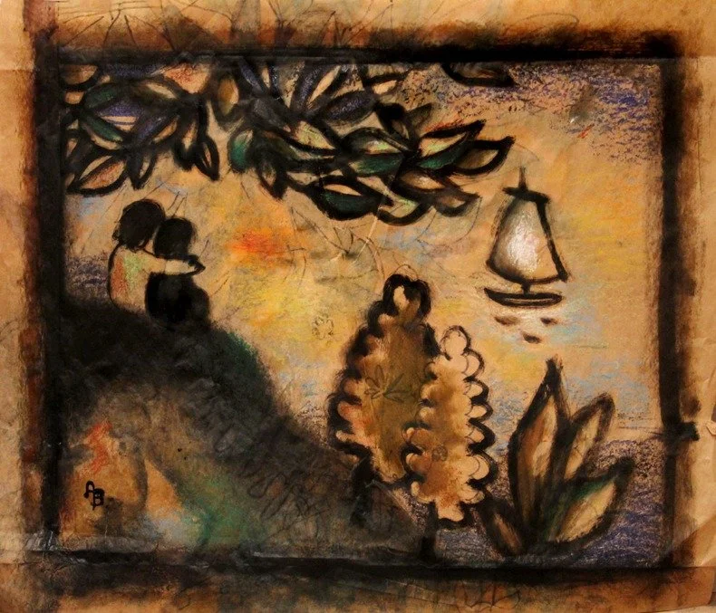 A watercolor-style painting of two children sitting under a tree, with a sailboat in the background and plants in the foreground.