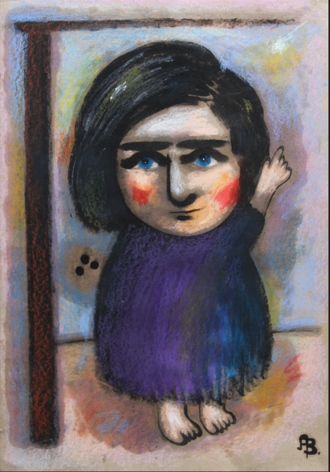 A colorful abstract drawing of a girl with black hair and blue eyes, blushing cheeks, wearing a purple dress, standing in front of a mirror and touching it with one hand, with an impressionistic background.