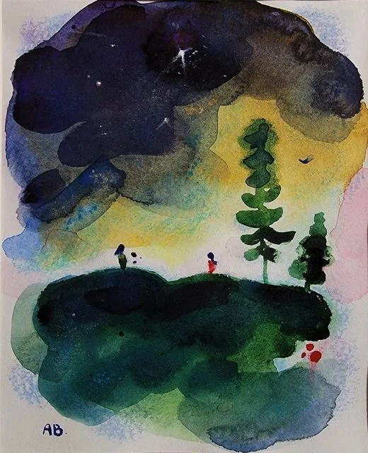 A watercolor painting of a landscape scene with dark clouds, a patch of yellow light, and two small human figures standing on a grassy area, with trees and a bird in the background.