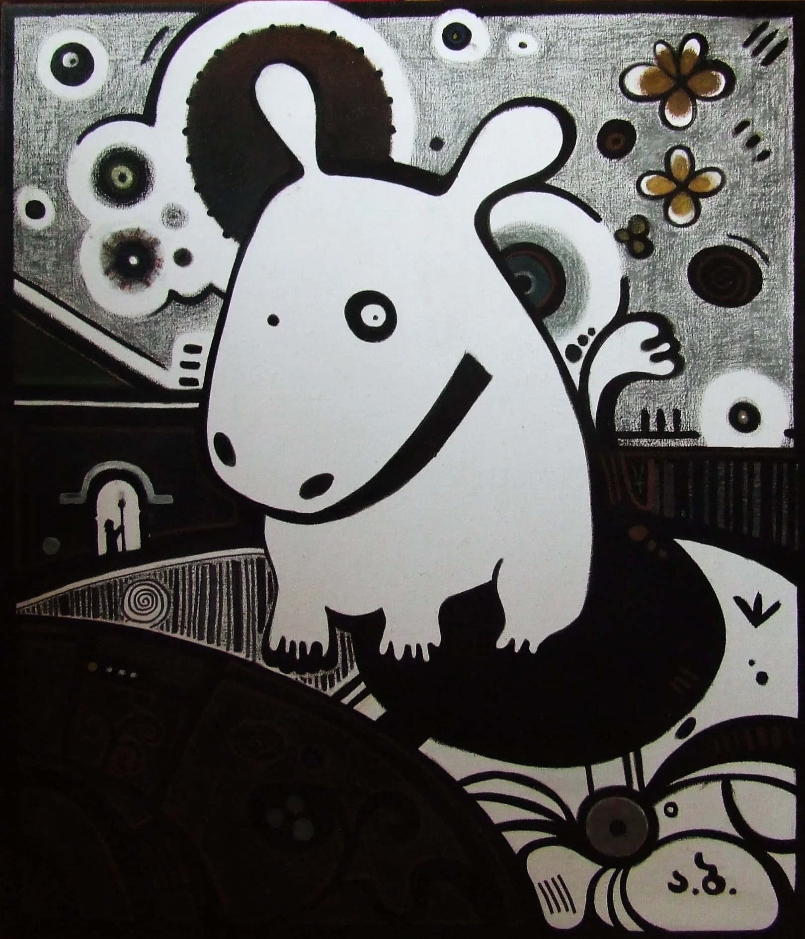 A black and white cartoon drawing of a cute, stylized creature with a round head, big ears, and a long tail, surrounded by abstract shapes and flowers.