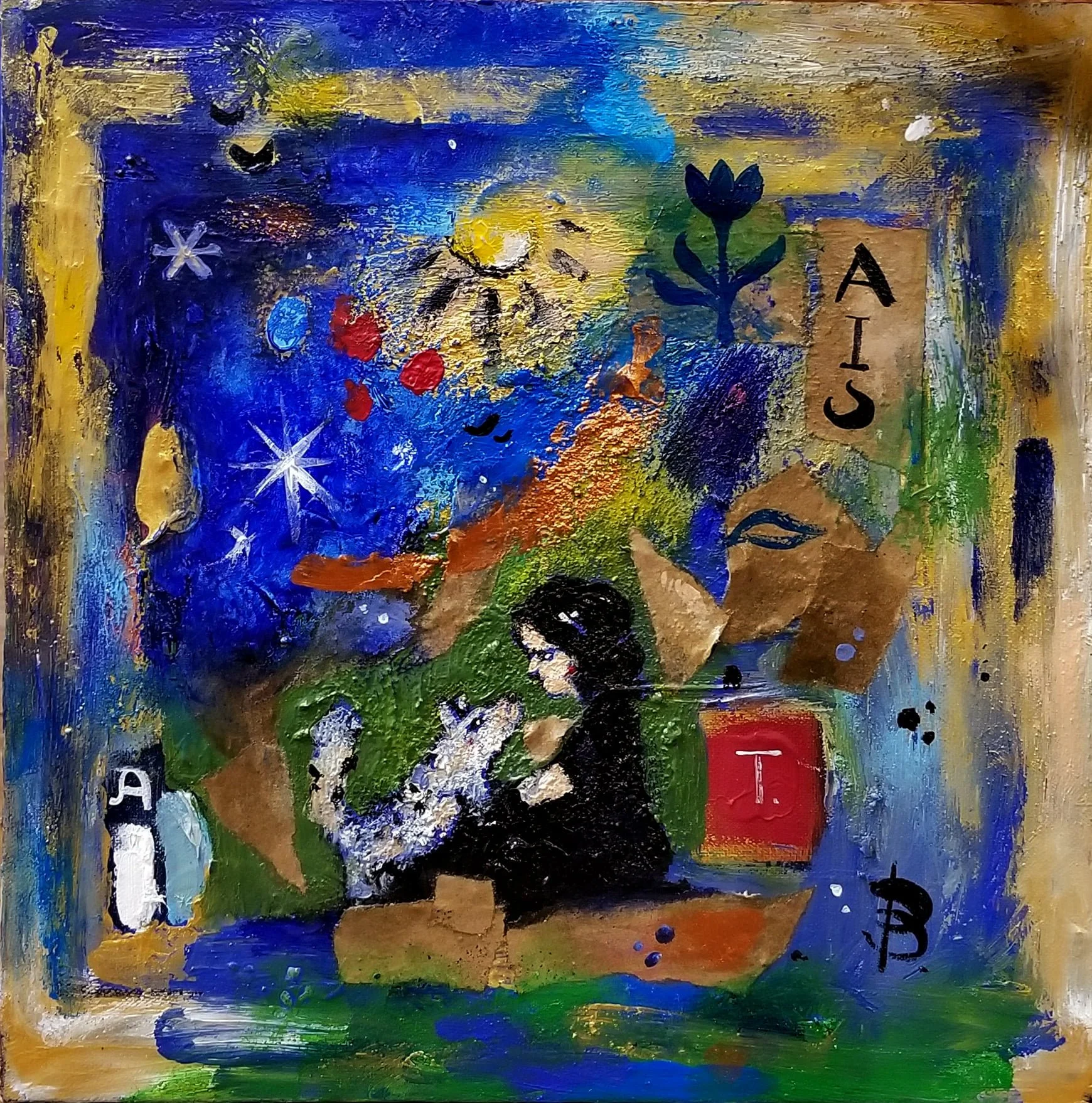 Abstract painting featuring a woman with black hair sitting among colorful shapes and symbols, including stars, a bee, a plant, a penguin, and the words 'A I C H' and 'D B' in a vibrant, textured background.