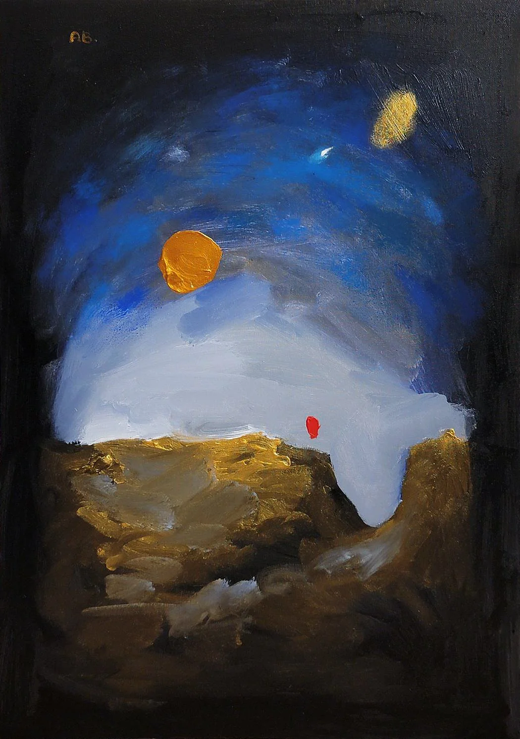 Abstract painting of a landscape with a dark sky, a large white mountain or hill, and a golden-brown foreground. There are two celestial bodies in the sky, one gold and one white, and a small red shape near the center.