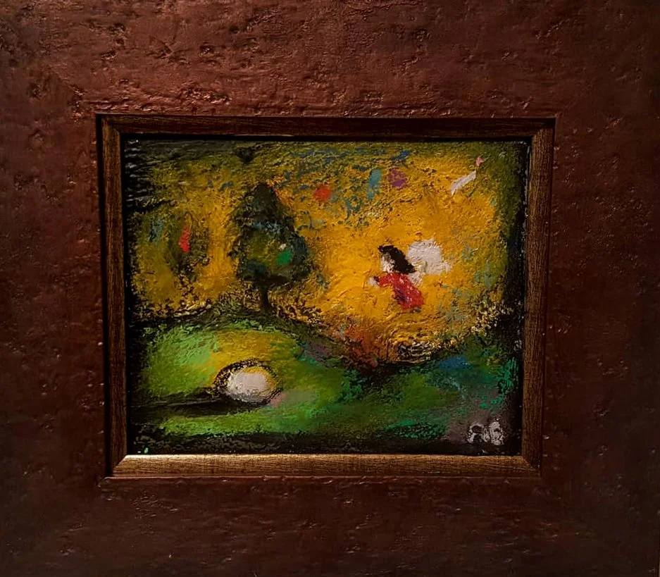 Colorful abstract painting of a landscape with trees, a person, and a golf ball on green grass.
