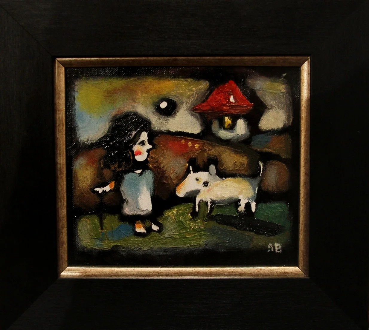 A colorful painting of a girl with long dark hair, a white goat, a small house with a red roof, and a dark sky with a moon, framed in a wooden frame.
