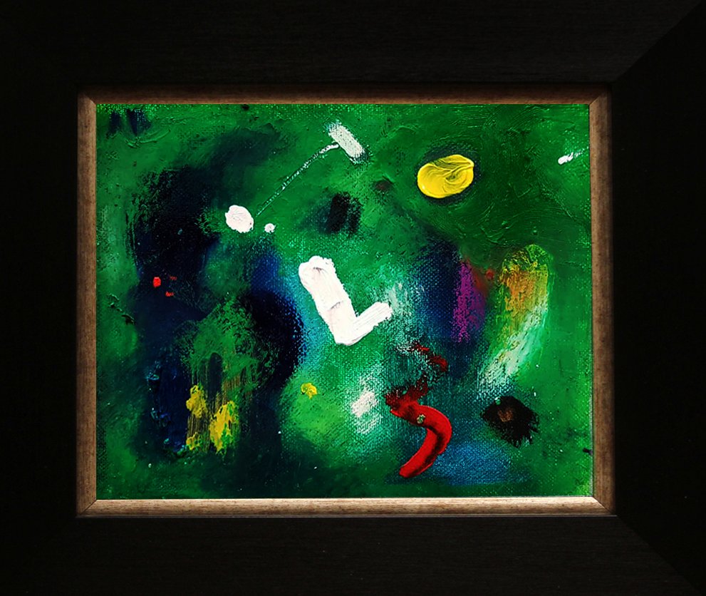 Abstract colorful painting with green background, white, yellow, red, purple, black, and blue splotches, and partial word 'LOVE' written across it.