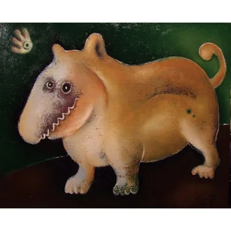 A surreal drawing of a creature with a dog's body and a face with googly eyes and sharp teeth. There is also a small creature in the background that resembles a bird.