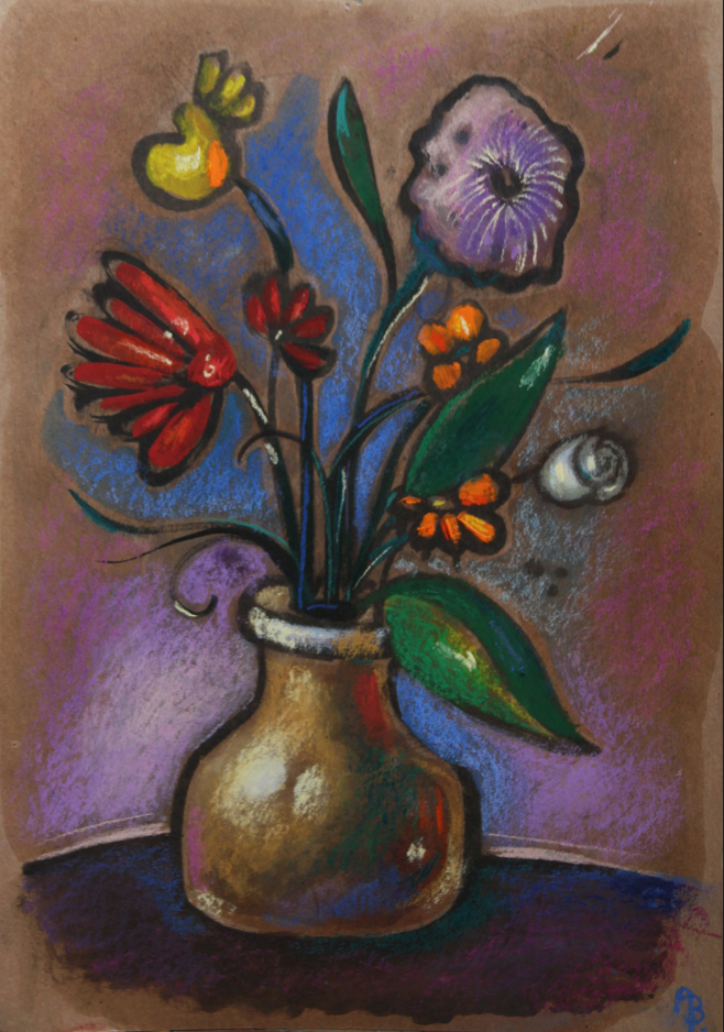 A colorful still life drawing of a vase with various flowers, including red, purple, yellow, and orange blooms, with a large green leaf, set against a purple and brown background.