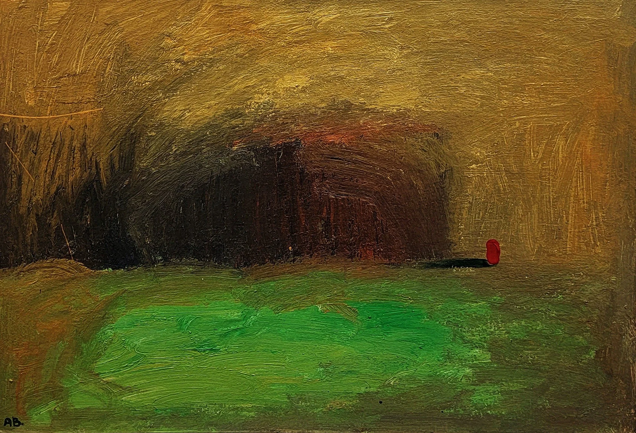 An abstract painting of a contemporary artist Anton Balanchivadze with dark brown and black shapes in the center, green brushstrokes at the bottom, and a small red shape on the right side.