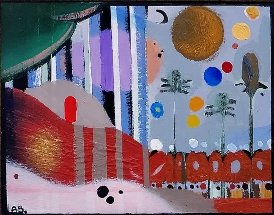 Abstract painting with vibrant colors, featuring a large golden circle, smaller red and blue circles, black lines, and various geometric shapes on a light background.