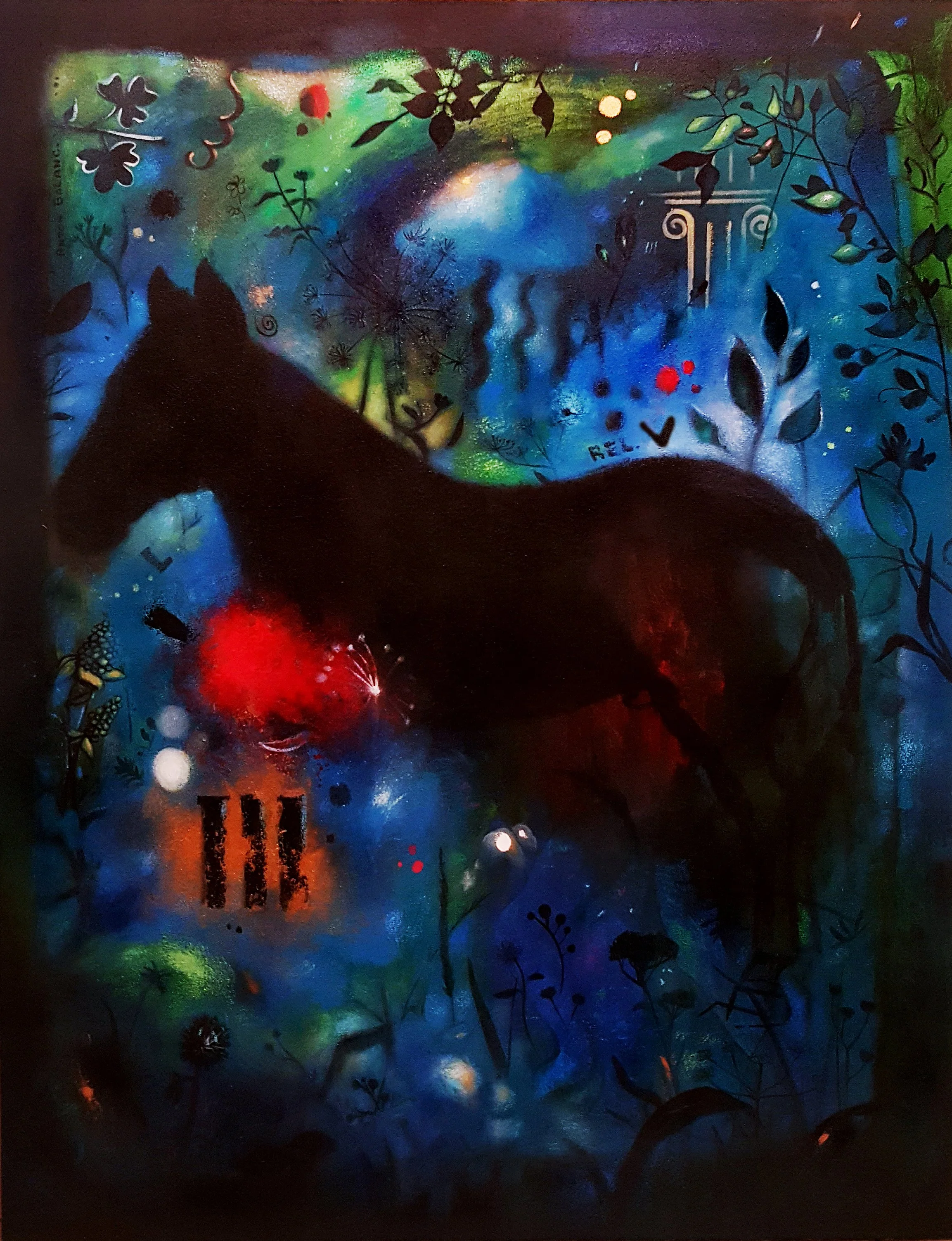 A black silhouette of a horse is set against a colorful, abstract background with swirling blues, greens, and splashes of red, white, and yellow. The background features plant-like shapes, stars, and faint architectural elements, giving a dreamy, mys
