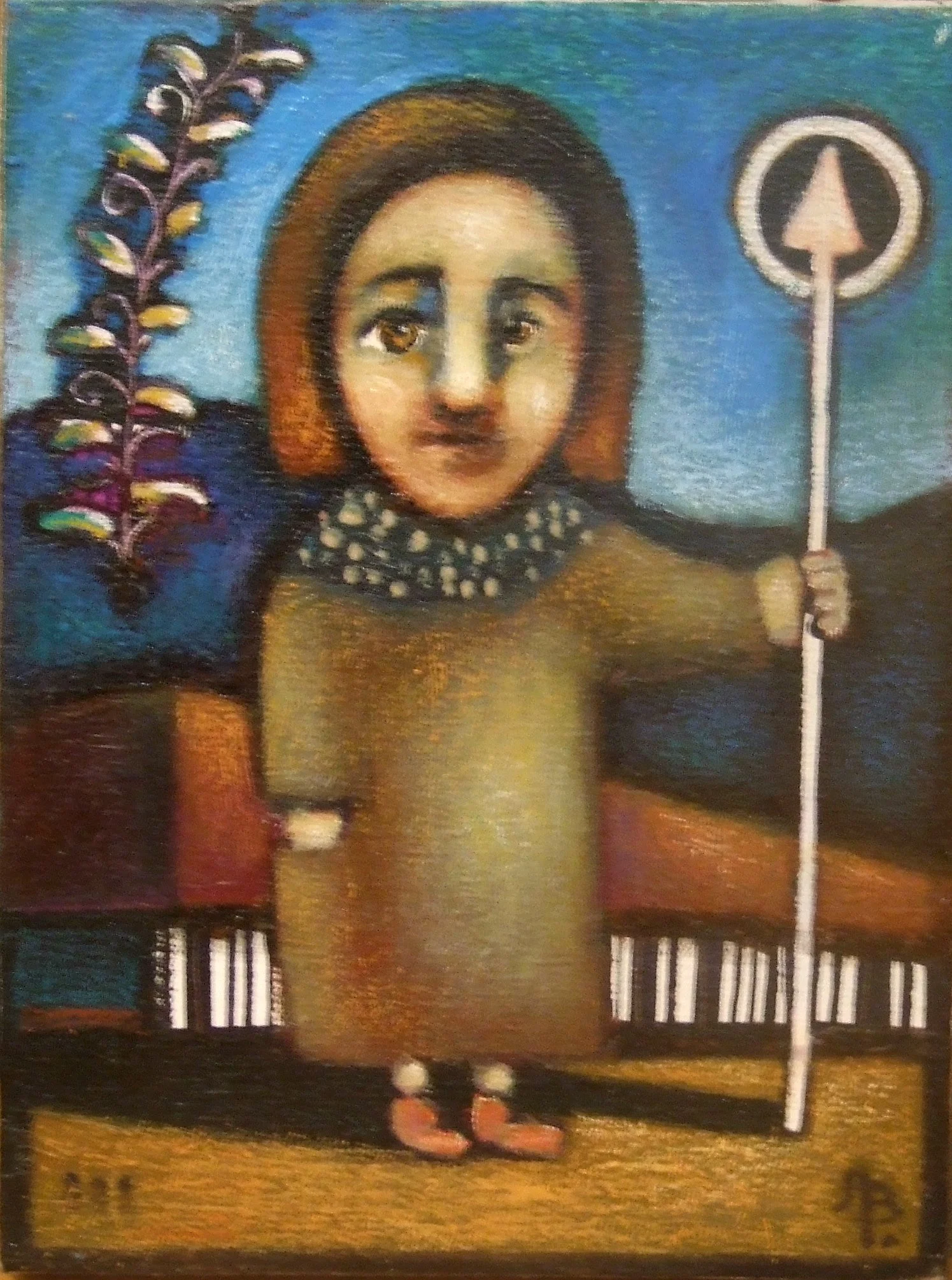 A painting of a young child with short hair, big eyes, and a solemn expression, holding a spear and standing in front of a colorful background with a plant and a circular arrow symbol.