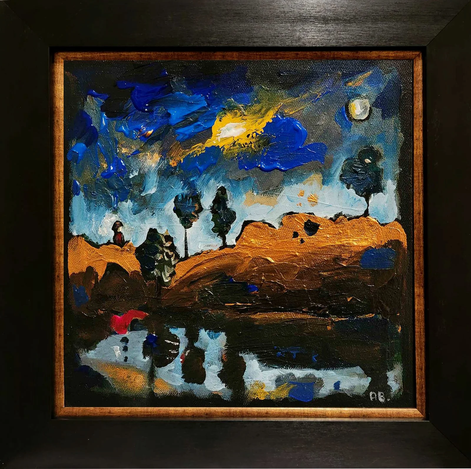 An abstract landscape painting featuring trees, sandy hills, a small body of water, and a vibrant sky with clouds and a moon.