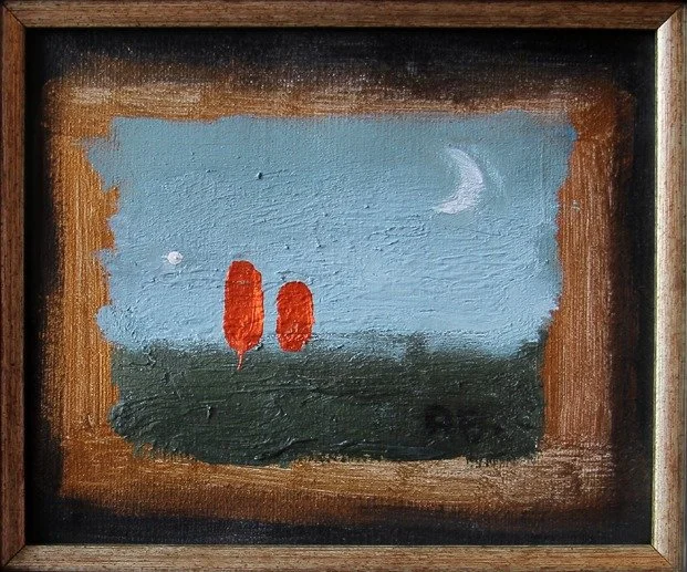 A painting of a landscape scene viewed through a window with a brown frame. The scene features a dark ground, a blue sky with a small white moon, a crescent moon, and two red vertical shapes resembling figures or trees.