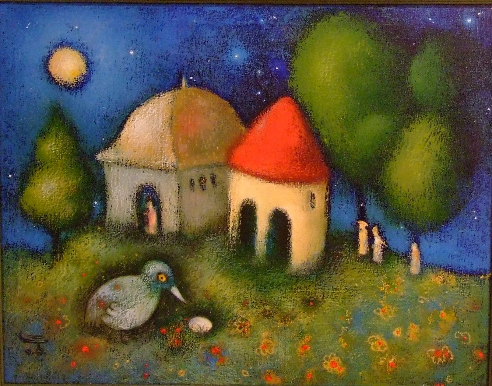 A painting of a night scene with a full moon, stars, a small church with a tan and red roof, surrounded by trees and a grassy area with small orange and red flowers. There is a bird near a rock in the grass.