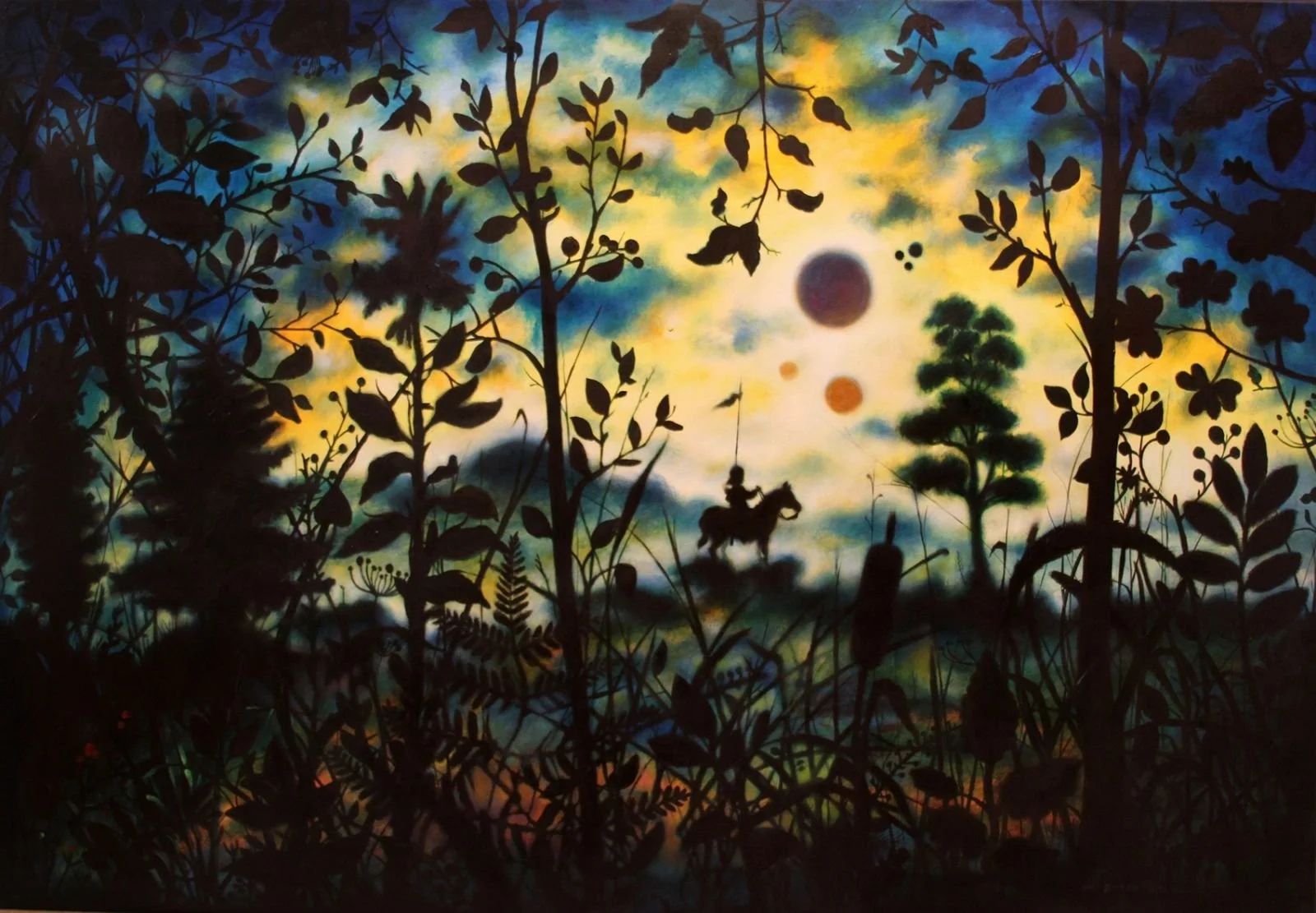 Silhouette of trees, plants, and a person on horseback against a colorful sky with clouds, planets, and a sunset or sunrise.