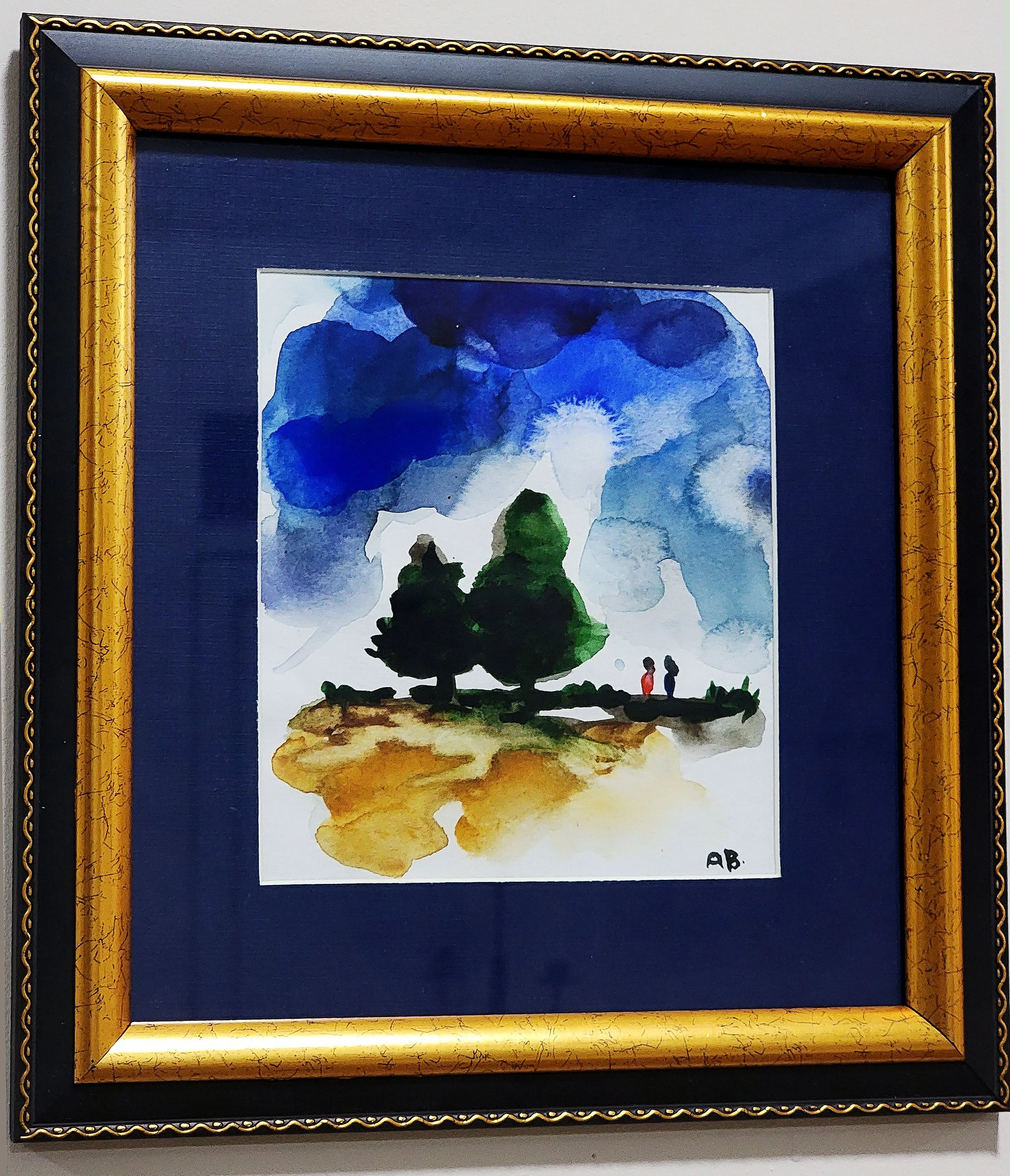 Watercolor painting of trees and two people standing on a hill beneath a cloudy sky with the sun.