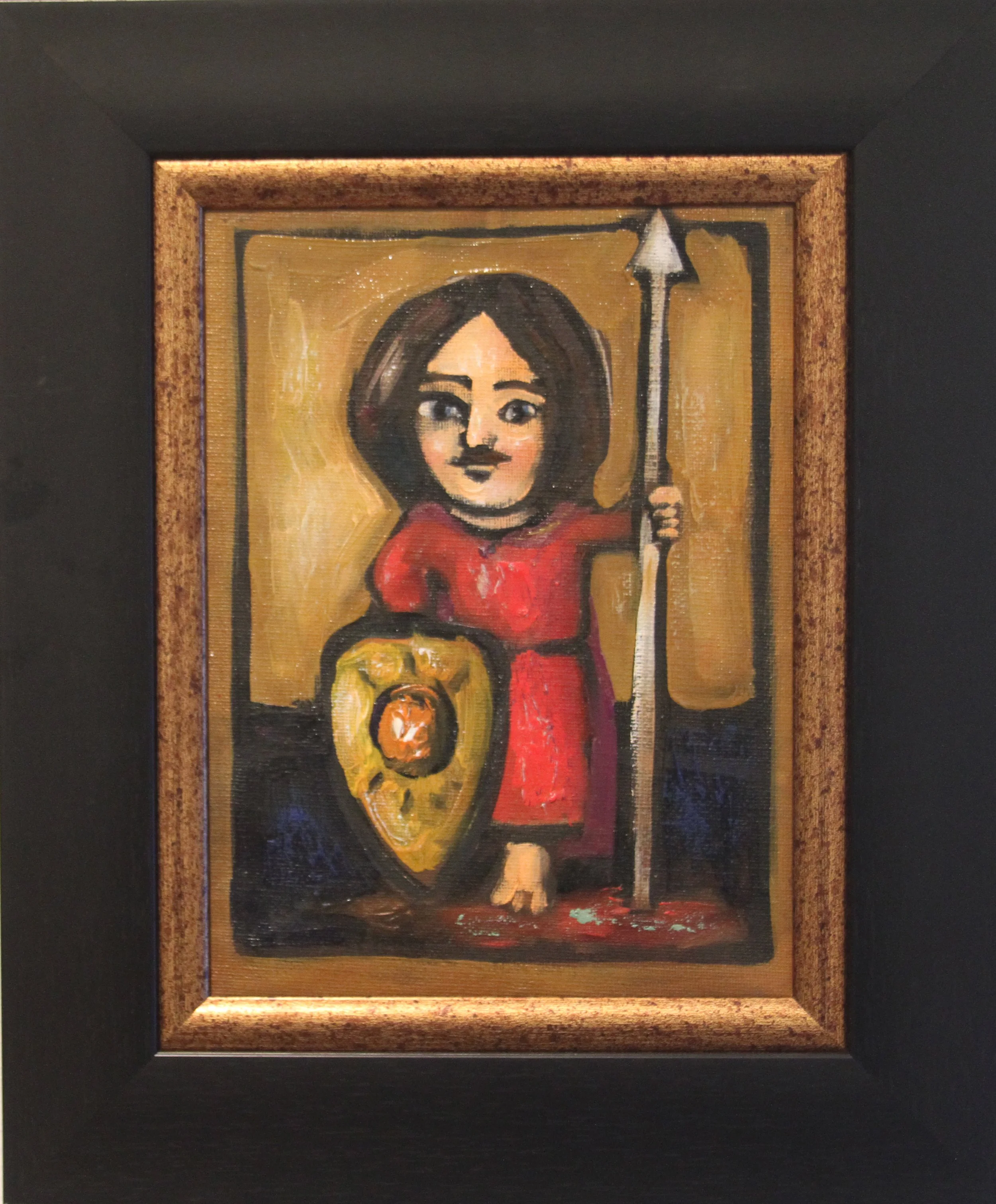 Painting of a female warrior with a spear and shield, dressed in red, set against a gold background.