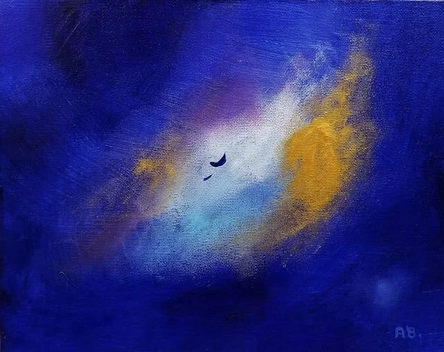 Abstract painting of a dark blue sky with a bright white and yellow cloud, and a small black crescent moon.
