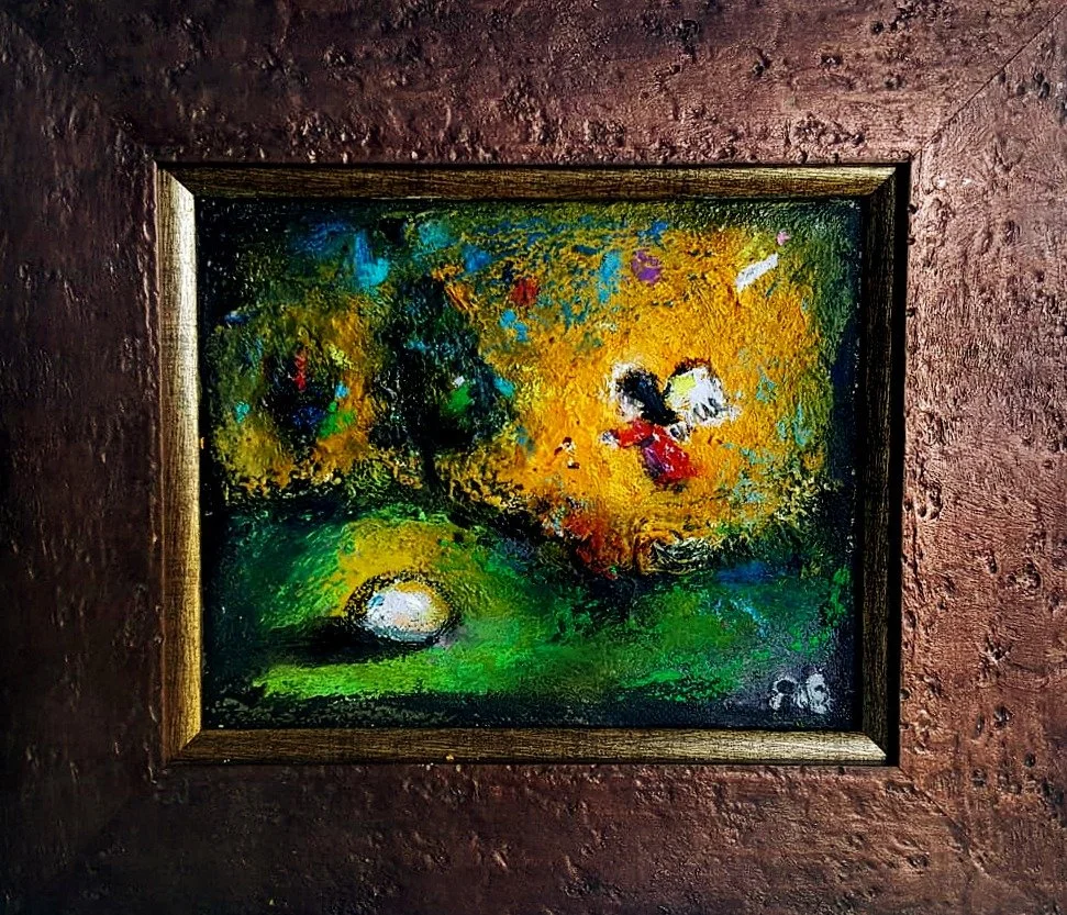 Figurative painting of contemporary georgian artist Anton Balanchivadze featuring an agg, trees, and an Engel, framed and mounted on a textured wall.