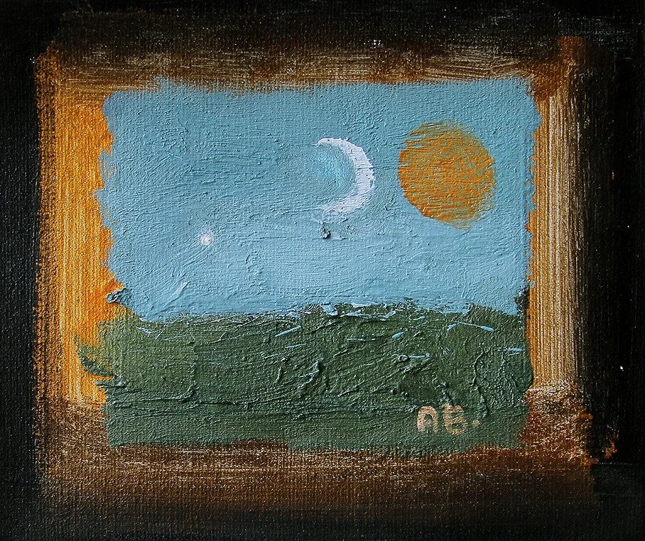 Anton Balanchivadze's painting of a landscape with a blue sky, a crescent moon, a sun, and green fields, framed by a dark border.
