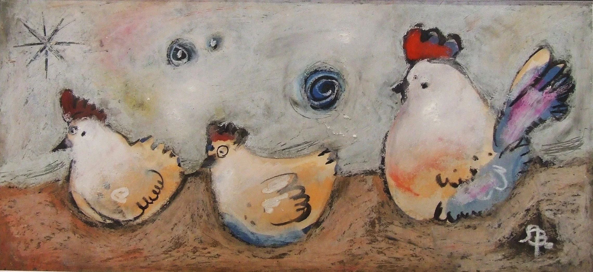 Abstract painting of three stylized chickens with spiral eyes, on a textured background with stars and swirl patterns.