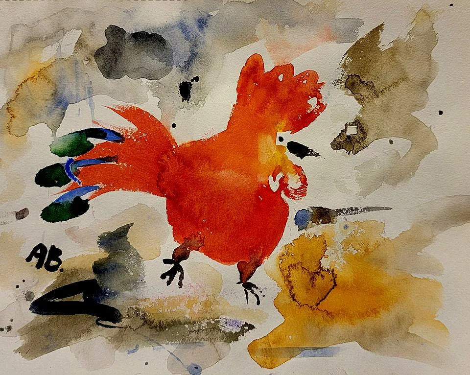 Watercolor painting of a red rooster with blue and green accents, surrounded by abstract splashes of color.