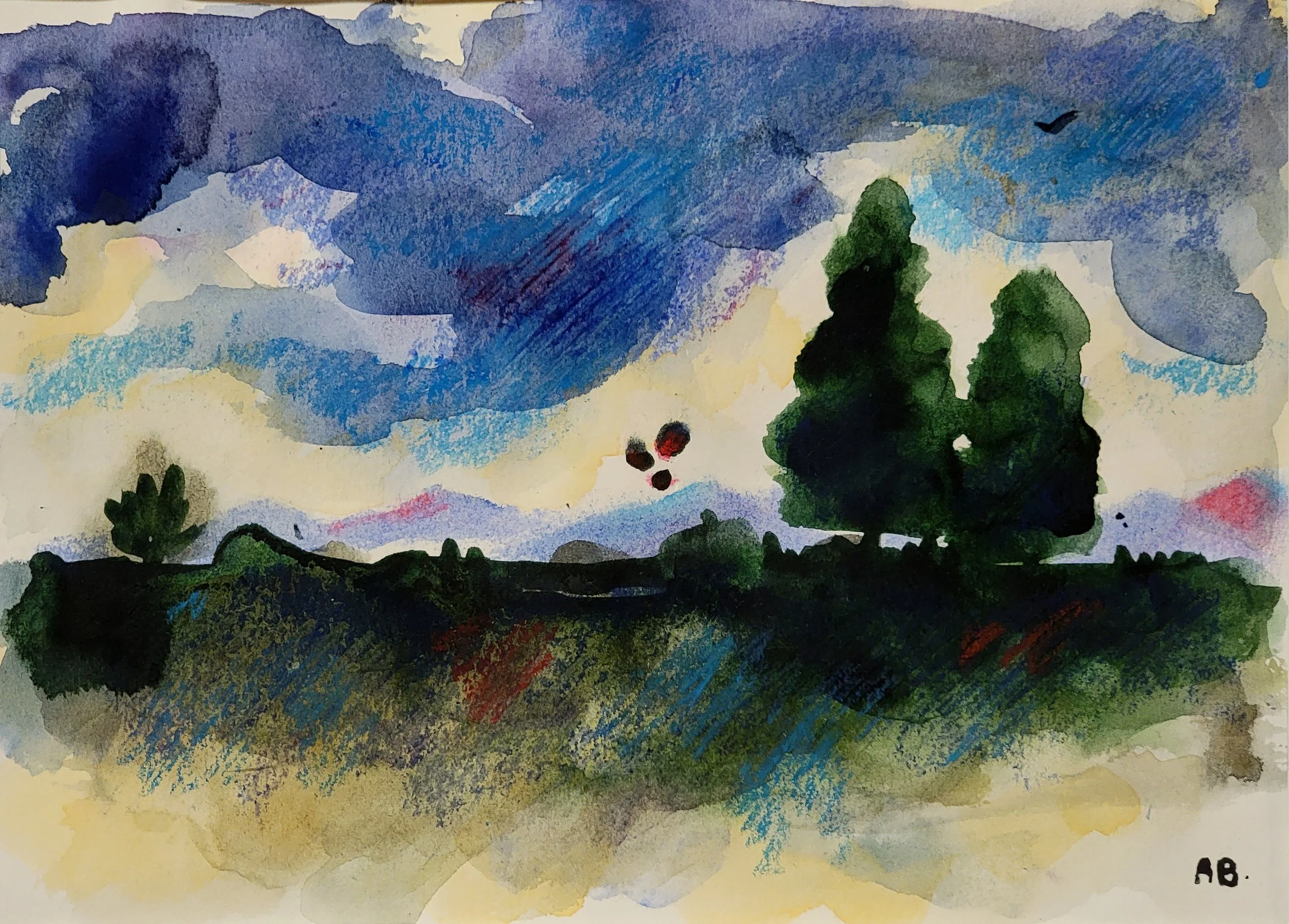 Watercolor painting of a landscape with dark green trees, rolling green hills, and a sky with dark blue, purple, and yellow clouds. A small bird is flying in the sky, and three red flowers or berries are floating in the air. The painting is signed 'A