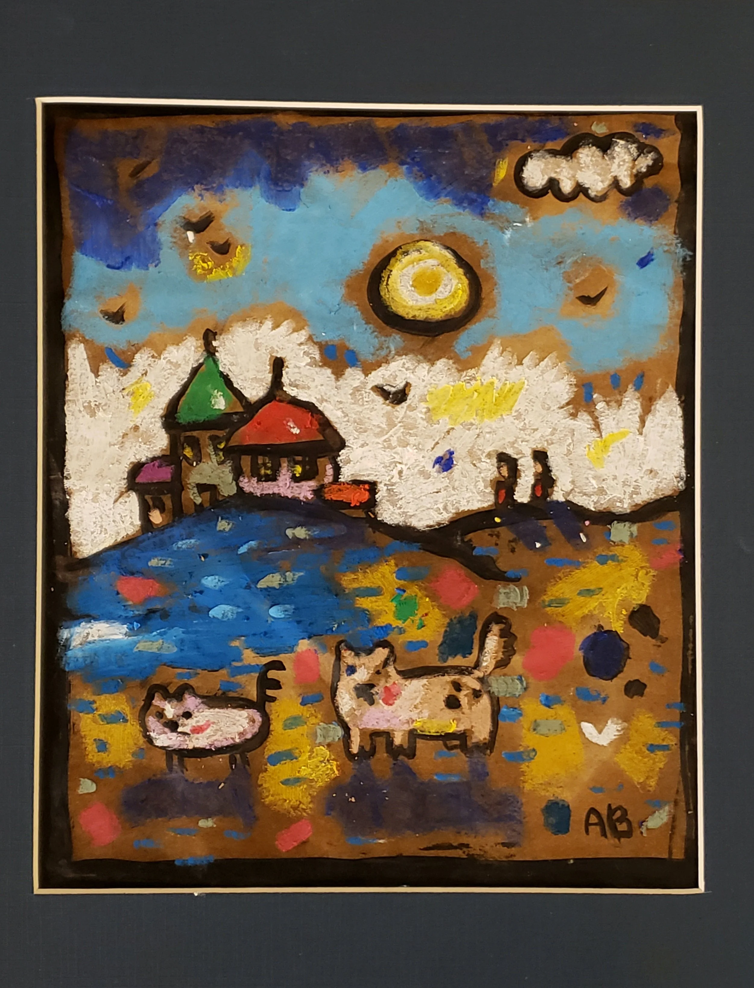 Painting of a colorful landscape with a bright yellow sun, blue sky with clouds, and three whimsical houses on a hill. Two cartoon-like cats are in the foreground surrounded by multicolored strokes.