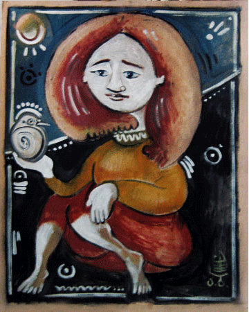 An abstract painting of a woman with red hair holding a dog, with various symbols and a dark background.