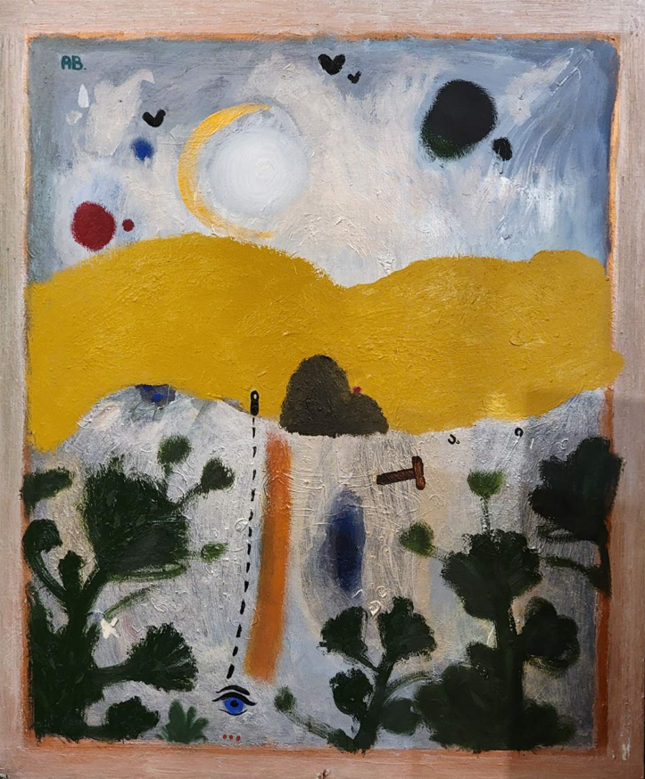 Symbolic abstract landscape by Anton Balanchivadze with yellow hill and floating signs