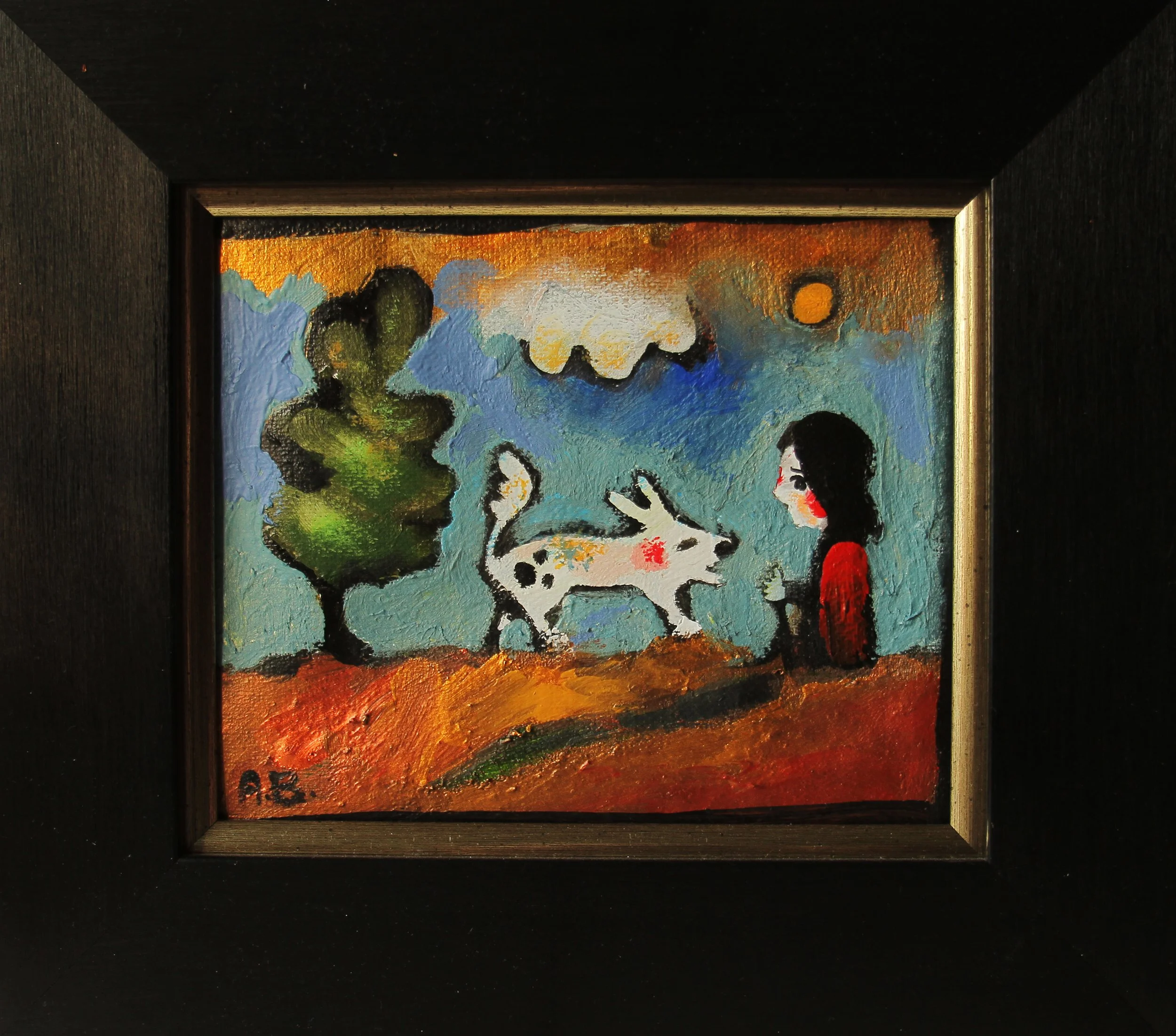 A colorful, abstract painting featuring a dog, a woman with black hair and a red dress, and a green tree against a vibrant sky.