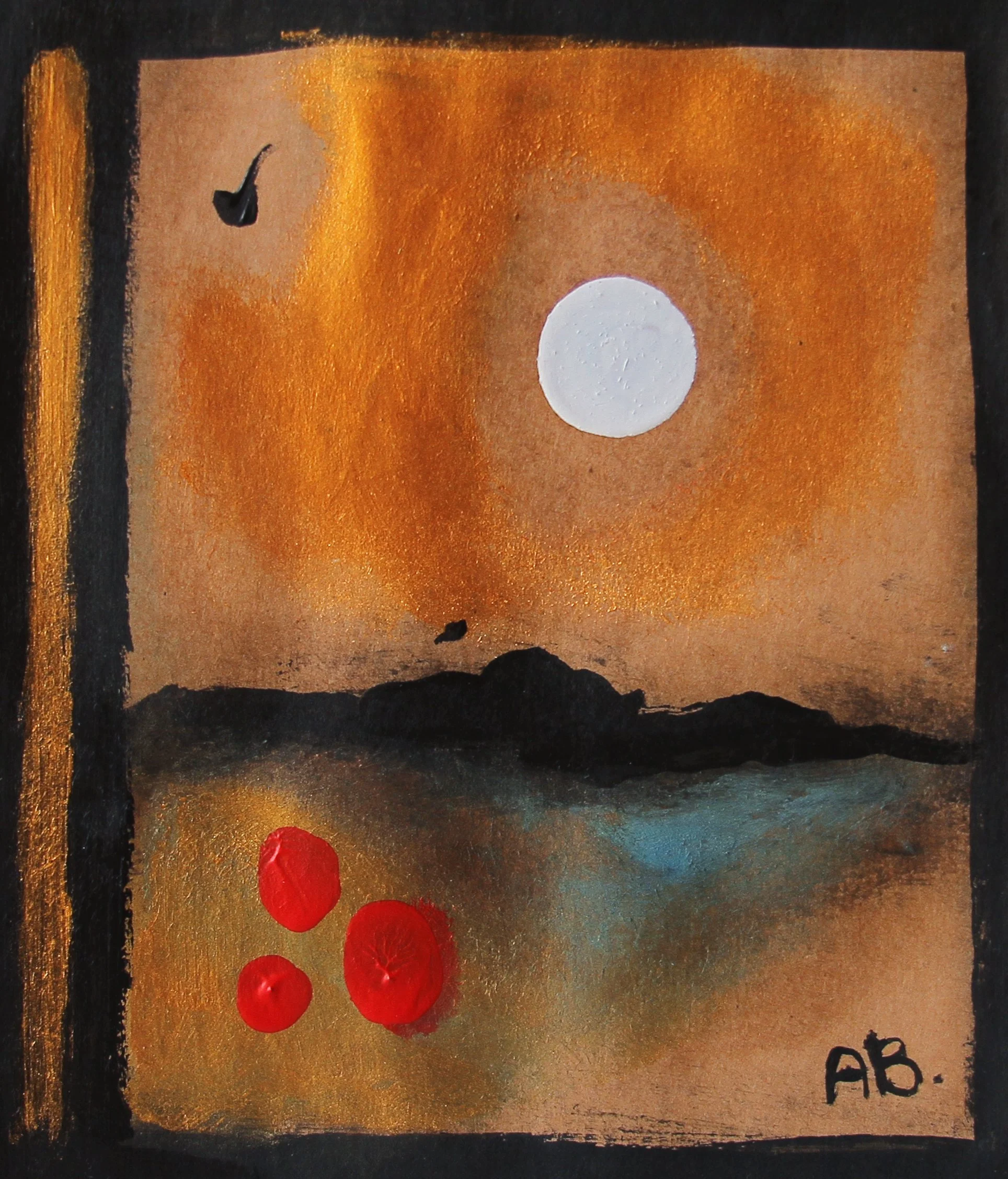 A painting of a landscape at sunset with a full moon in the sky, black mountains in the distance, water reflecting the sky, three red berries in the foreground, and initials 'AB' in the bottom right corner.