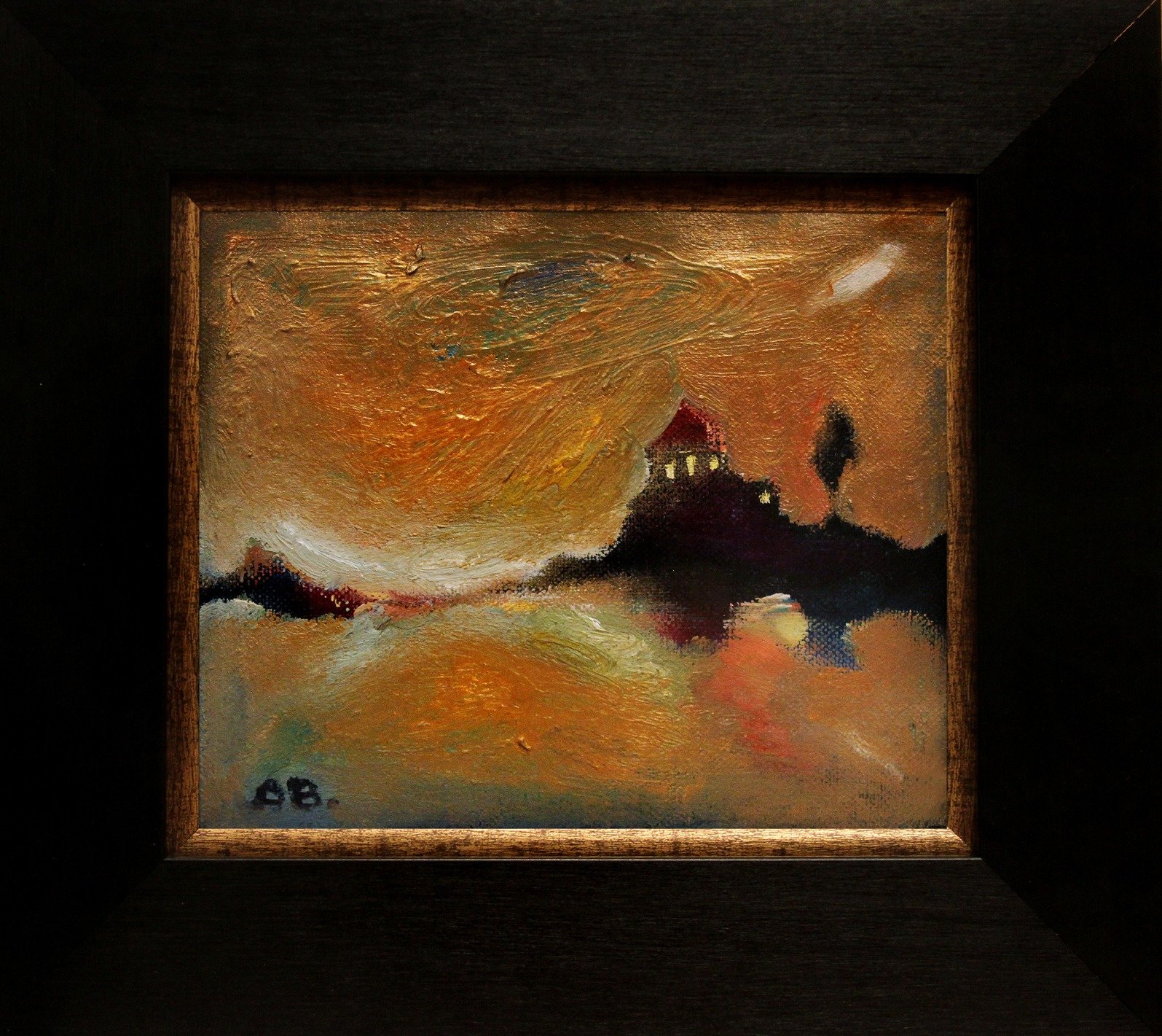 An oil painting depicting a sunset over a lake with a silhouette of a house and a tree on the hill, with reflections in the water.