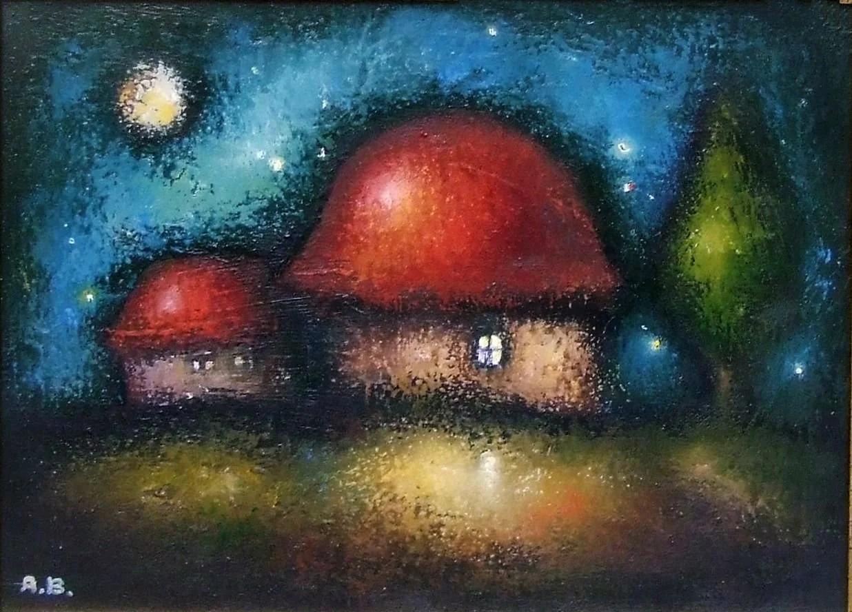 An abstract painting of three mushroom houses with red caps, glowing windows, and surrounded by a colorful night sky with stars, a moon, and a green tree on the right.